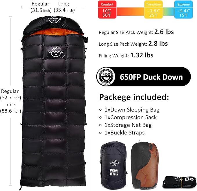 '-10°F 0°F 10°F 15°F Down Sleeping Bag for Adults,800/650 Fill Power,Ultralight Wearable 4 Season Cold Weather Rectangle Sleeping Bag for Camping Hiking,Can be Used as a Down Blanket or Cloak