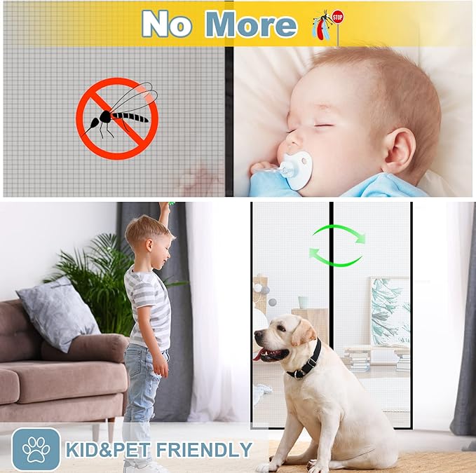 2025 Upgraded Magnetic Screen Door - 3X Heavy Duty Magnets Hands-Free - Mosquito/Insect Proof- Lets Cool Breeze in - Kid/Pet Friendly - Sliding Doors Easy Install 38"x82"