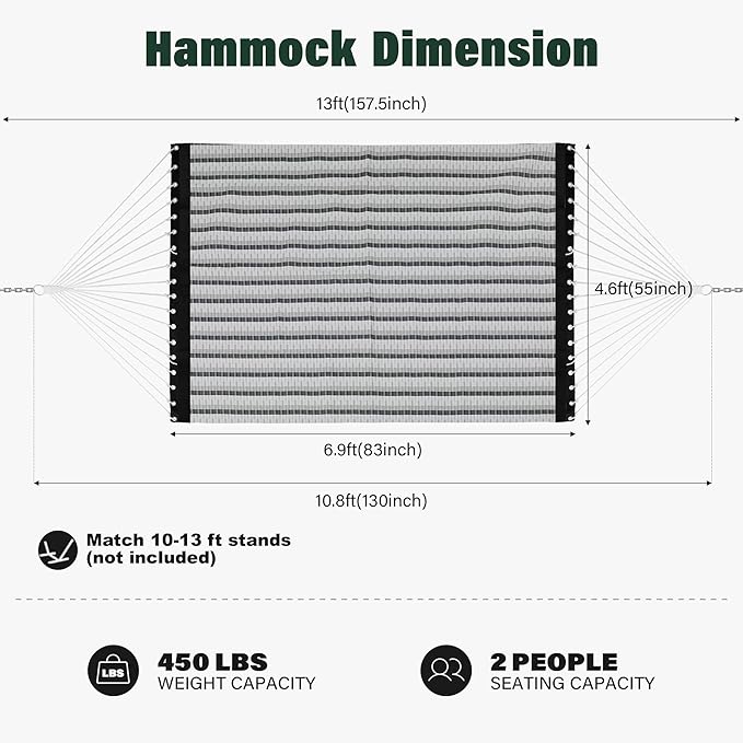 Patio Watcher 13 FT Quick Dry Textilene Hammock - Outdoor Double Hammock - Heavy Duty Hammocks for Outside - 450 lbs Capacity - Grey Plaid