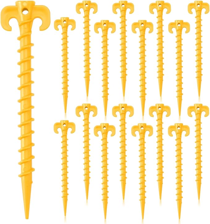 AUGSUN 16 Pack Plastic Tent Stakes Heavy Duty, Yellow Sand Stakes for Beach 7.5 Inch Screw in Tent Stakes Spiral Ground Anchors Tent Pegs Canopy Stakes for Inflatables Outdoor Camping Hiking Garden