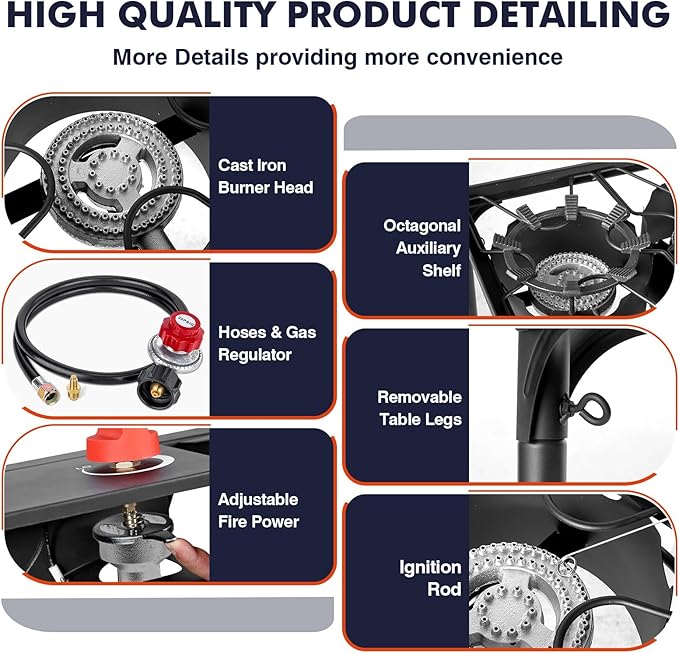 Llamaviva 3 Burner Gas Stove, Propane Outdoor Stove with Removable Legs,Auto Ignition Button&Regulator, 225,000 BTU,Propane Burners for Outdoor Cooking, Camping&BBQ Cookouts