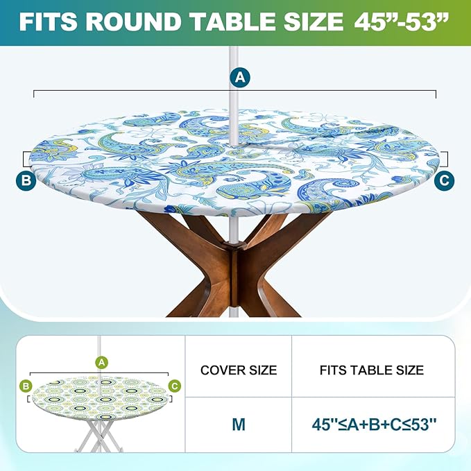 2 Pcs Round Outdoor Tablecloth with Umbrella Hole - Anti-wrinkle Polyester Tablecloth with Elastic Zipper Table Cover for Summer Patio Camping Party(45''-53'',Paisley, Floral Circle)