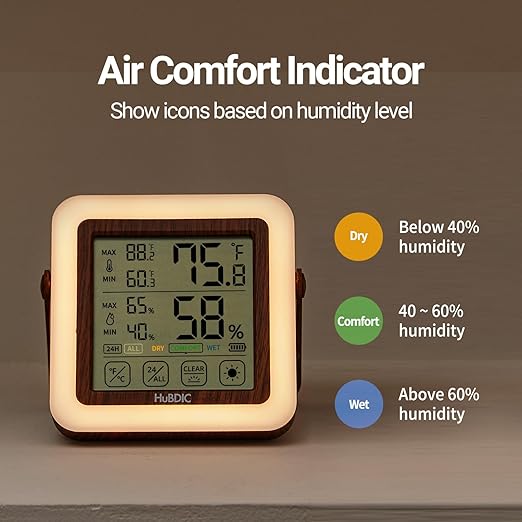 HuBDIC HubiBaby Digital Hygrometer Indoor Thermometer Humidity Meter Room Thermometer, Humidity Monitor for Home, Bedroom, Baby Room, Office, Greenhouse, Cellar, Portable Nightlight (Dark Wood)