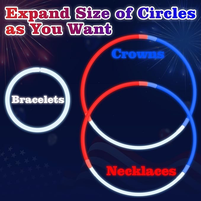 Bulk Patriotic Red White Blue Glow Sticks 300 PCS,Light Up Bracelets Necklaces Accessories for Kids,Glow Party Favors Supplies Decorations for Independence Day, America July Parade, Birthday, Pool