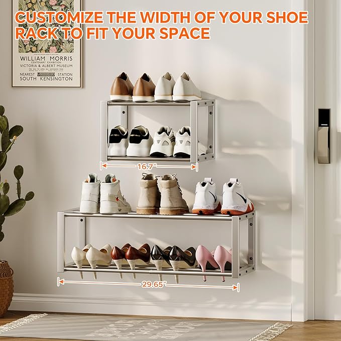 Homeiju Hanging Shoe Organizer,2 Pack Wall Mounted Shoe Rack Holds 12 Pairs,Space Saving Metal Wall Shoe Rack,Hanging Shoe Rack Shoe Holder for Small Space,Entryway,Closet,RV,Camper (Silver)
