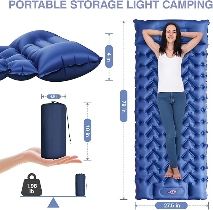Camping Sleeping Pad, Ultralight Camping Mat with Pillow Built-in Foot Pump, 4" Thick Inflatable Sleeping Mat Compact for Backpacking, Hiking, Car Traveling, Camp Tent