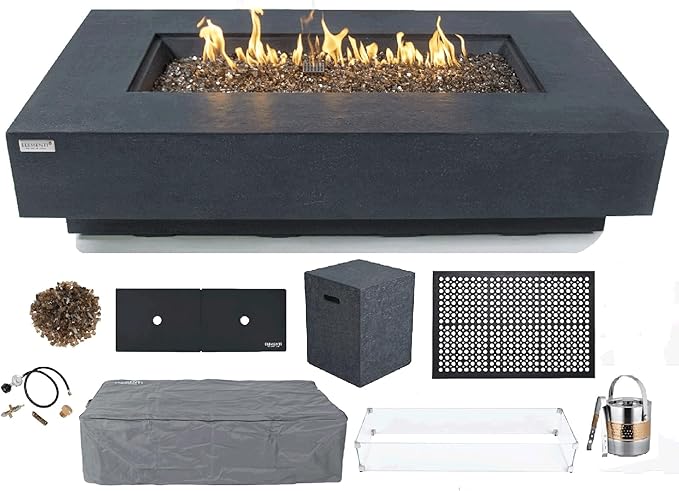 Elementi+ | Bundle Positano Gas Fire Pit Cast Concrete 60" Rectangular Fire Table, Outdoor Fire Pit Electronic Ignition | Canvas Cover, Fire Glass and Burner Lid Included | Dark Gray | Propane Gas