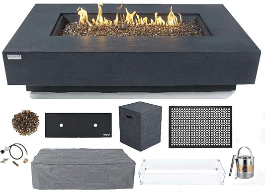 Elementi+ | Bundle Positano Gas Fire Pit Cast Concrete 60" Rectangular Fire Table, Outdoor Fire Pit Electronic Ignition | Canvas Cover, Fire Glass and Burner Lid Included | Dark Gray | Propane Gas