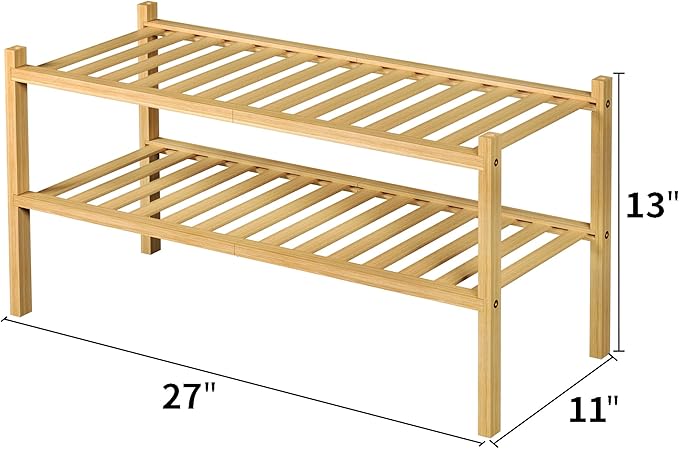 2 Tier Bamboo Shoe Rack for Closet Free Standing Wood Shoe Shelf for Entryway Small Space Stackable 27"x11"x13" (Natural)