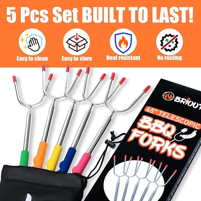 Briout Extendable Marshmallow Roasting Sticks- Extra Long 45'' Stainless Steel Smores Sticks for Fire Pit, Smore Skewers Hot Dog Fork Campfire Accessories, Camping Essentials for S'mores- 5 Pack