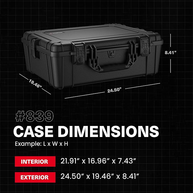 Condition 1 25" Large Waterproof Hard Case Model 839 with Foam, Portable Protective Storage Box for Travel, Hunting, Military, Tactical, Made in USA, 24.50"x 19.46"x8.41" Black