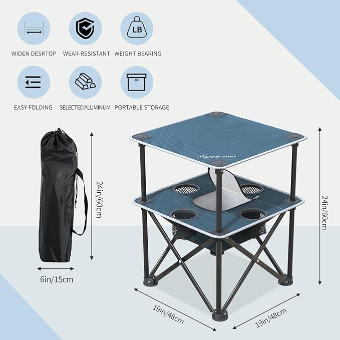 Folding Beach Table, Camping Table for Sand with Insulated Cooler Storage & 4 Cup Holders, Portable Pop Up Picnic Table, Lightweight Side Table for Outdoor