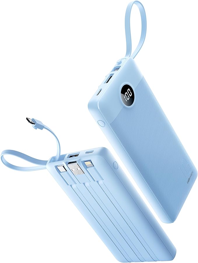 10000mAh Portable Charger, Slim Power Bank with Built-in Cables, Battery Pack 5 Outputs 2 Inputs LED Display Compatible with iPhone/Android & More (Blue)