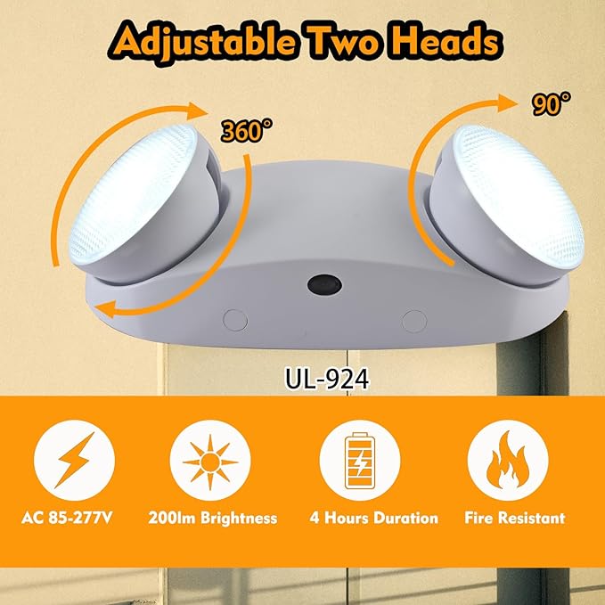 Emergency Light,200lm 4Hours Battery Backup,Commercial Emergency Exit Lighting for Home Power Failure Outage Office Business Restaurants, Hardwired, UL 924 AC85-277V