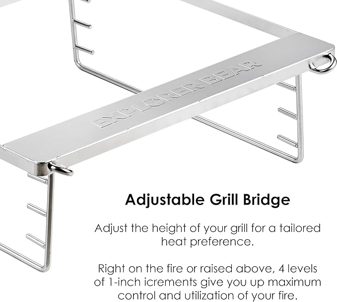 Explorer Bear 20" Stainless Steel Foldable Takibi Fire & Grill with Carrying Bag, Grill Bridge, and Coal Bed | Portable Wood Burning Fire Pit | Perfect for Camping, Outdoors, Patios