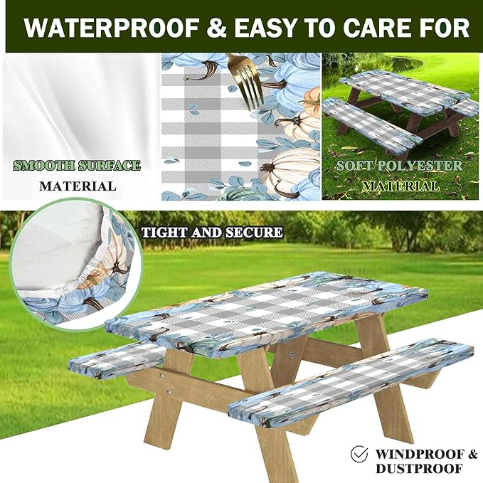 CAPSCEOLL Fitted Picnic Table Cover with Bench Covers with Elastic 8Ft Waterproof Picnic Table Cloths Windproof Outdoor Camping Tablecloth with Drawstring Bag, 96X30in, Blue Pumpkins