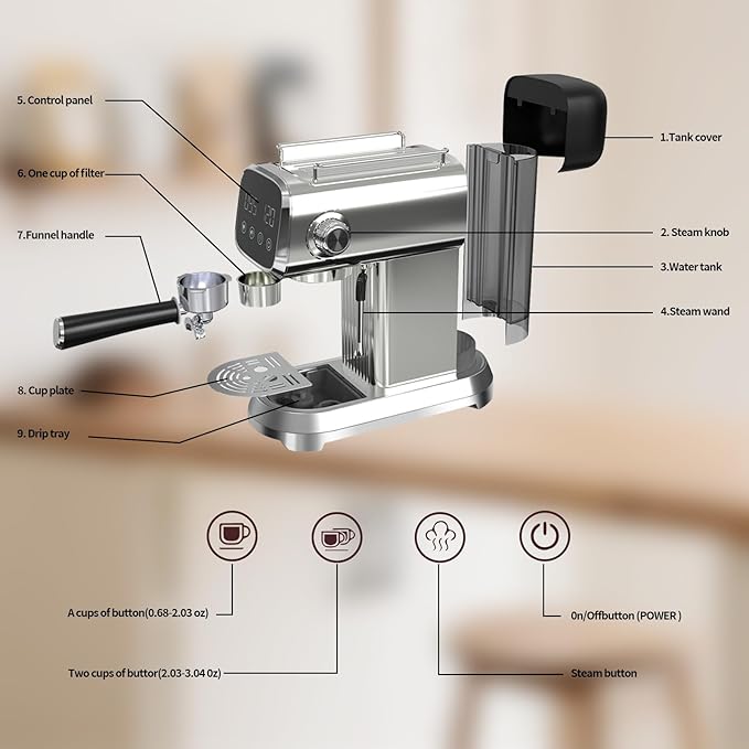 Espresso Machine with Steam Milk Frother：20 Bar Expresso Coffee Machines for Home-Espresso Maker with 27 oz Water Tank-Barista Coffee Maker for Americano Cold Brew Latte Cappuccino