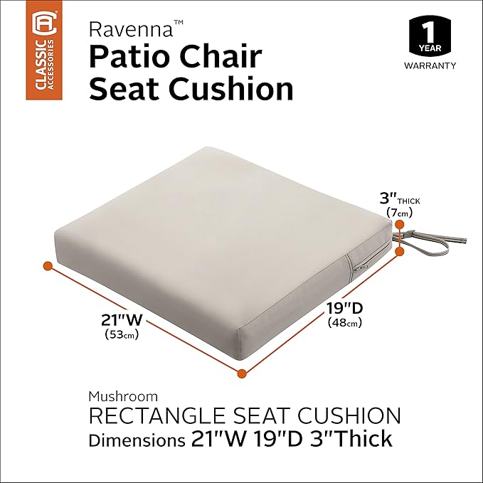 Classic Accessories 62-009-MUSHRM-EC Ravenna Seat Cushion, 21x19x5 Inch (Pack of 1), Mushroom, Chair Seat Cushion