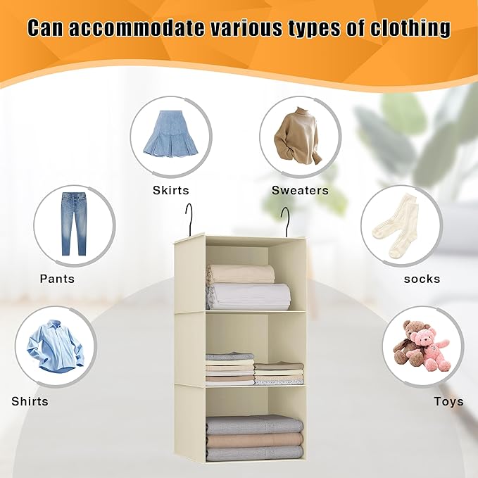 Hanging Closet Organizer and Storage 3-Shelf, Easy Mount Foldable Hanging Closet Wardrobe Storage Shelves, Clothes Handbag Shoes Accessories Storage, Washable Oxford Cloth Fabric, Beige
