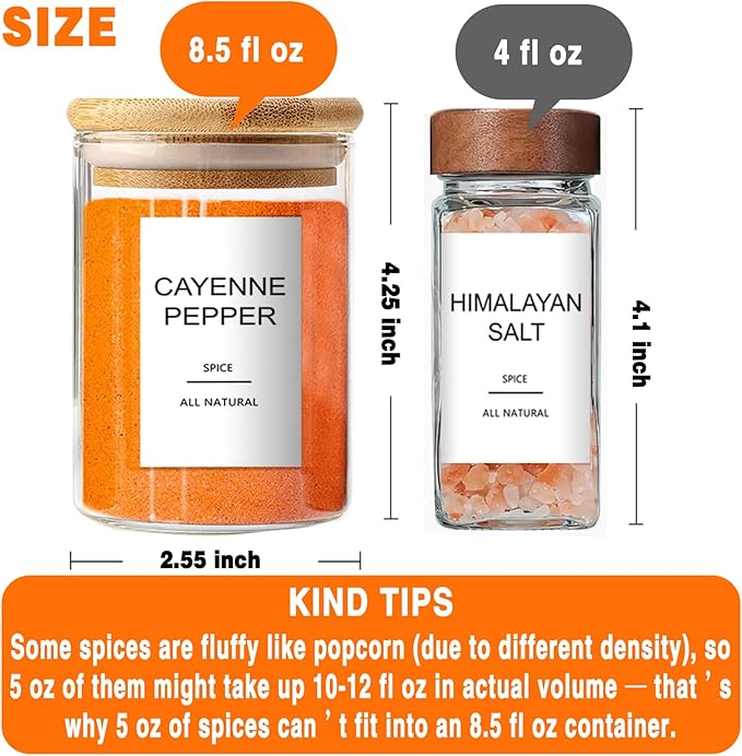 12 Pcs Glass Spice Jars with Bamboo Airtight Lids and 191 Labels - 8.5oz Small Food Storage Containers for Kitchen, Seasoning, Coffee, Herb - Spoon and Marker Included