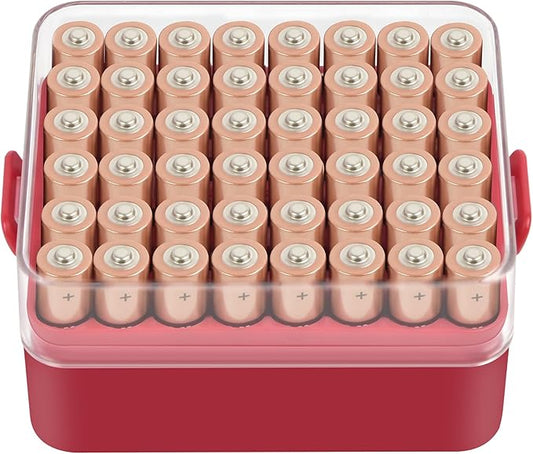 ALCYON Battery Organizer Storage Case, Battery Vault Box Container for 48pcs AAA Batteries, Plastic Clear Protective Battery Holder for Travelling/Home/Office (Red, Small)