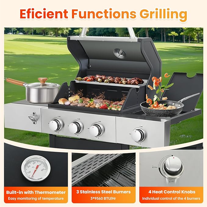 3-Burner Propane Gas BBQ Grill with Side Burner, Porcelain-Enameled Cast Iron Grates, Foldable Side Table, 37,230 BTU Stainless Steel Grill for Outdoor Camping Barbecue Grilling Backyard Cooking