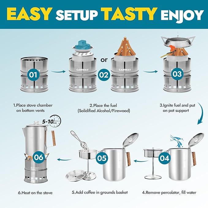 CANWAY Percolator Coffee Pot & Portable Camping Stove Set for Backpacking Hiking Stainless Steel Mini Wood Burning Stove 9 CUP Camping Stovetop Coffee Maker Outdoor Home with Carry Bag
