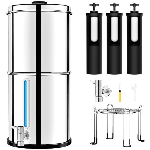 Gravity Water Filter System with 3 Stage 0.001μm Ultra-Filtration, 2.25G Stainless Steel Countertop Water Filtration System, Include 3 Filters, Metal Stand&Spigot, Reduce 99.99% Chlorine-2025 Upgraded