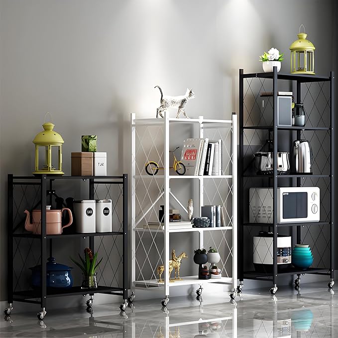 4-Tire Storage Rack, 28 * 13 * 50in Foldable Metal Garage Storage Shelves Organizer, Portable Metal Kitchen Shelving, Closet Shelving Unit Bakers Rack Microwave Stand, Green(Tiered Shelf-4)