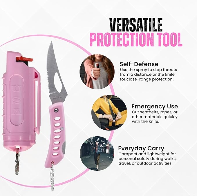 Police Magnum Belt Clip Pepper Spray Combo Safety Kit- Maximum Heat Strength OC with Pink Pocket Knife Self Defense- Made in The USA- 1 Pack Soft Pink H.S & PNK KNF