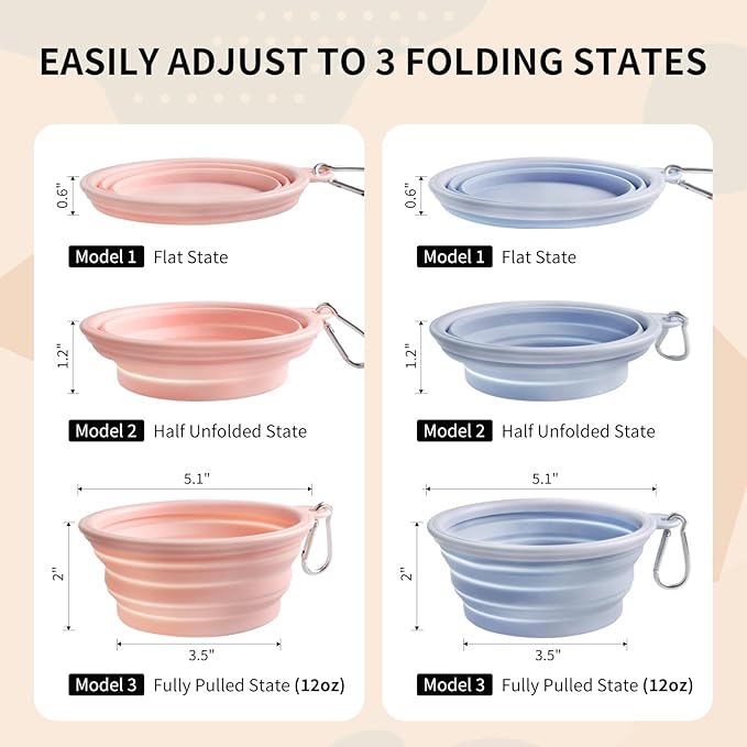Collapsible Dog Bowls 2-Pack, Portable Travel Dog Bowl with Carabiner, Food-Grade Silicone Pet Bowl for Hiking, Walking(Macaron Pink and Blue)