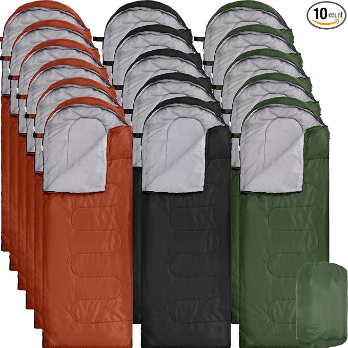 10 Pcs 0 Degree Camping Sleeping Bags Bulk for Adults Cold Weather Sleeping Bags 4 Season Warm Waterproof Lightweight with Compression Sack for Backpacking Hiking Travel Homeless