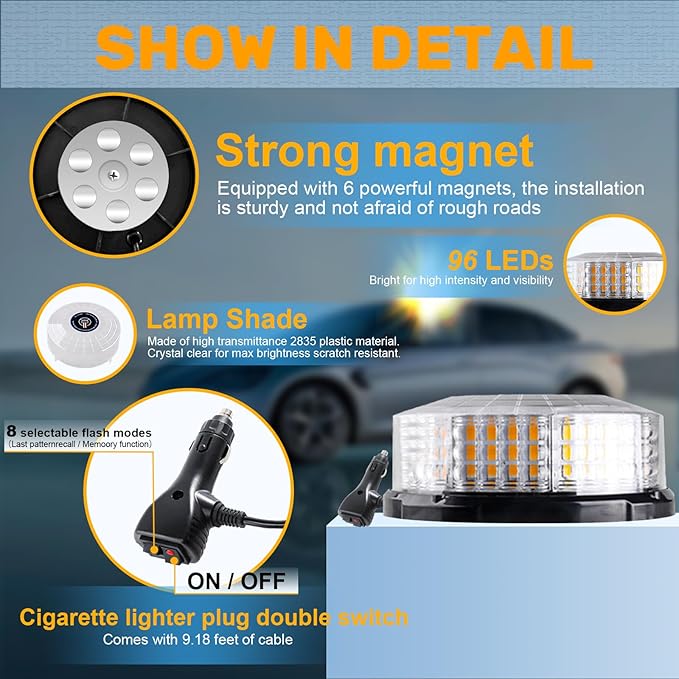 1PCS 96-LED Emergency Lights for Vehicles, 7" Magnetic Rooftop Beacon Light, Rotating Beacon Light, Mini Strobe Warning Forklift Lights, Flashing Lights for Vehicles Trucks Tow(Amber-White)