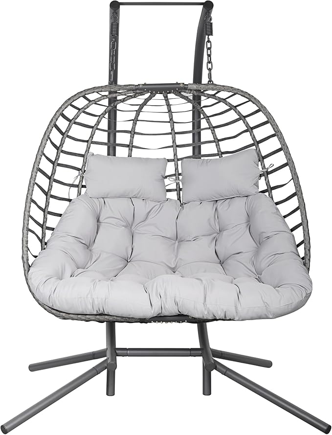 Double Hanging Egg Chair wth Stand, Patio Hammock Swing Chair with Cushion Loveseat for Bedroom, Balcony, Garden, Indoor, Outdoor