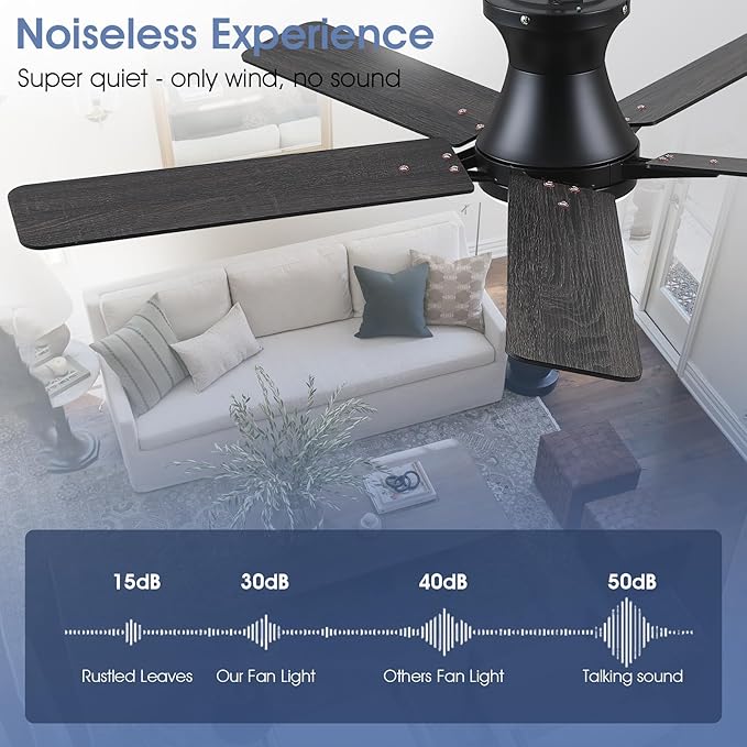52" Low Profile Ceiling Fans with Lights and Remote,Black Indoor Ceiling Fans with Reversible Quiet Motor,Modern Flush Mount Ceiling Fan Light for Bedroom