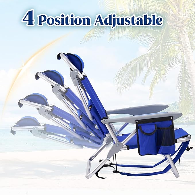 2 Pack Lightweight Portable Camping Beach Chair for Adults, Outdoor Lay Flat Folding Beach Chairs with 5 Positions, Backpack Beach Chair with Towel Bar, Zipper Pouch, Cup Holder, Blue