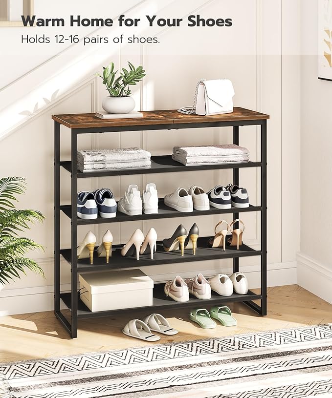 HOOBRO Shoe Rack, 5 Tier Shoe Storage Organizer with 4 Oxford Fabric Shelves and Top Panel, Holds 16-20 Pairs of Shoes, for Entryway and Closet, Industrial, Rustic Brown BF50XJ01