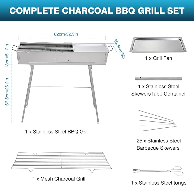 IRONWALLS Portable Charcoal Grills, L 32” x W 8” x H 31” Stainless Steel Folding Yakitori Grill with 25PCS 15” Kebab Skewers for Backyard Barbecue Outdoor Cooking Camping Hiking Picnic