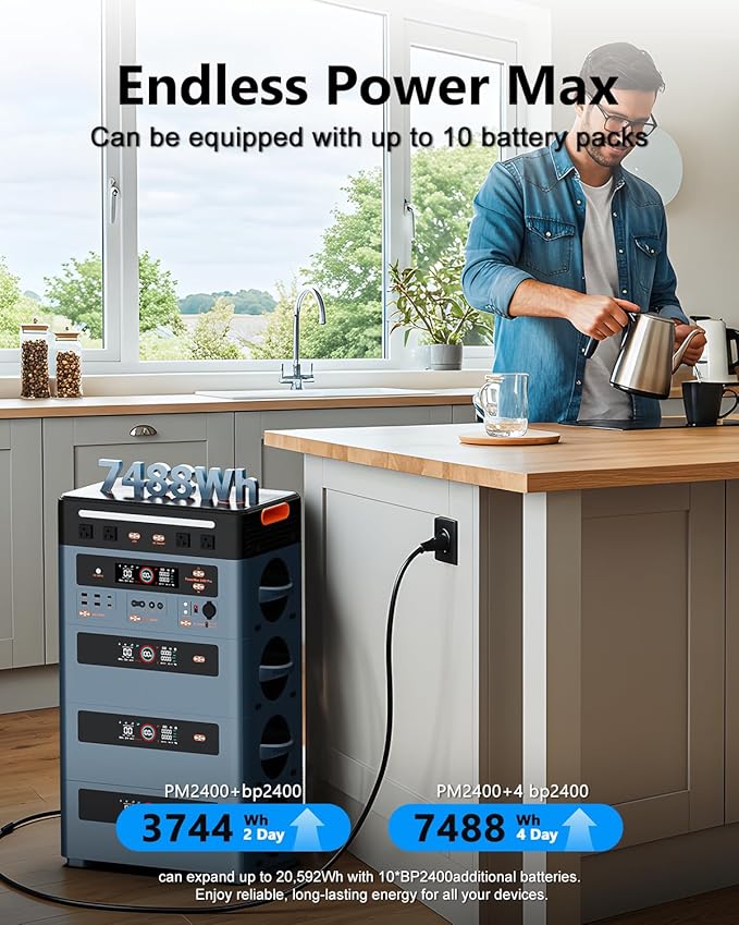 OSCAL 2400W Solar Power Station PowerMax 2400, 1872Wh Expandable LiFePO4 Battery Generator with 4 AC Outlets (5000W Peak), 1400W Fast AC Charging, APP Control Emergency Power Station for Home, RVs