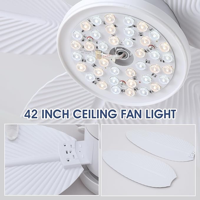 Palm Leaf Ceiling Fans with Lights-42 Tropical Ceiling Fan with Light and Remote/APP Control,Flush Mount Low Profile White Ceiling Fans for Bedroom,Indoor/Outdoor Patio Use