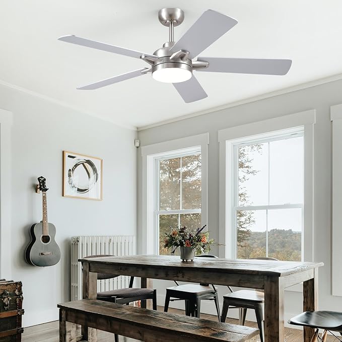 52" Ceiling Fan with Lights and Remote - Low Profile Ceiling Fans with 5 Dual-Sided Blades and Reversible Motor, Indoor/Outdoor Ceiling Fan Lights for Modern Bedroom, Covered Patios, Nickel