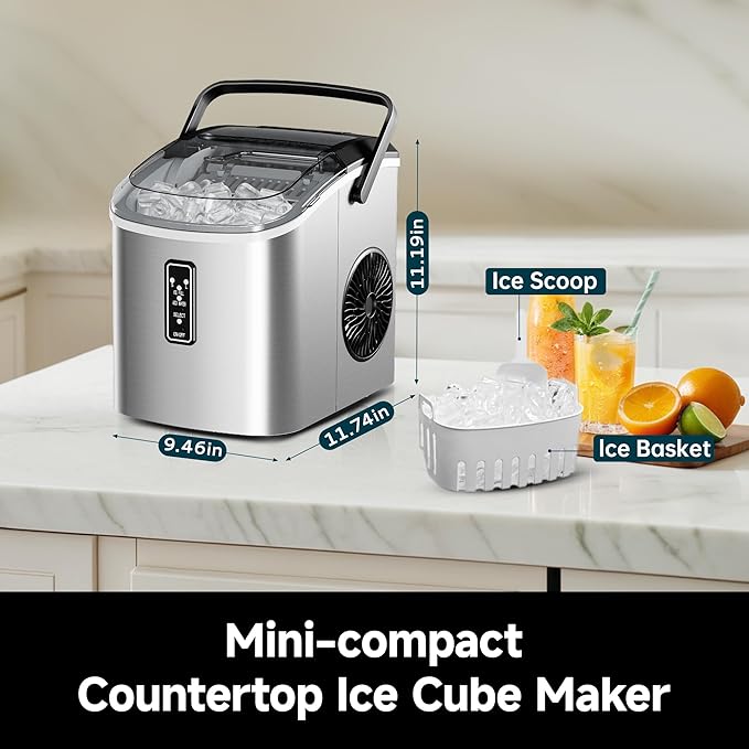 EUHOMY Ice Maker Countertop, 9 Cubes Ready in 6 Mins, 26lbs/24H, Self-Cleaning, Portable Ice Maker Machine with Carry Handle, Basket and Scoop, 2 Sizes of Bullet Ice for Home, Kitchen, Office