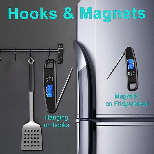 Instant Read Meat Thermometer for Kitchen Cooking, Ultra Fast Precise Waterproof Digital Food Thermometer with Backlight, Magnet and Foldable Probe for Deep Fry, Outdoor BBQ, Grill（Black）