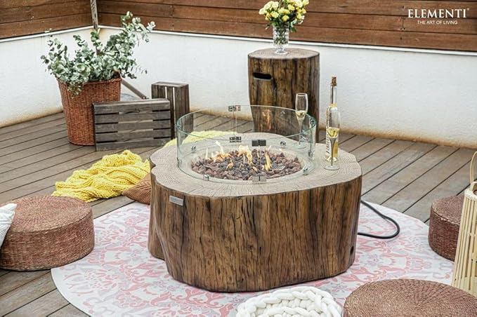 Elementi | Bundle Manchester Gas Fire Pit Cast Concrete Semi-Round Fire Table, Outdoor Fire Pit Electronic Ignition | Canvas Cover, Lava Rock Included | Red Wood | Natural Gas