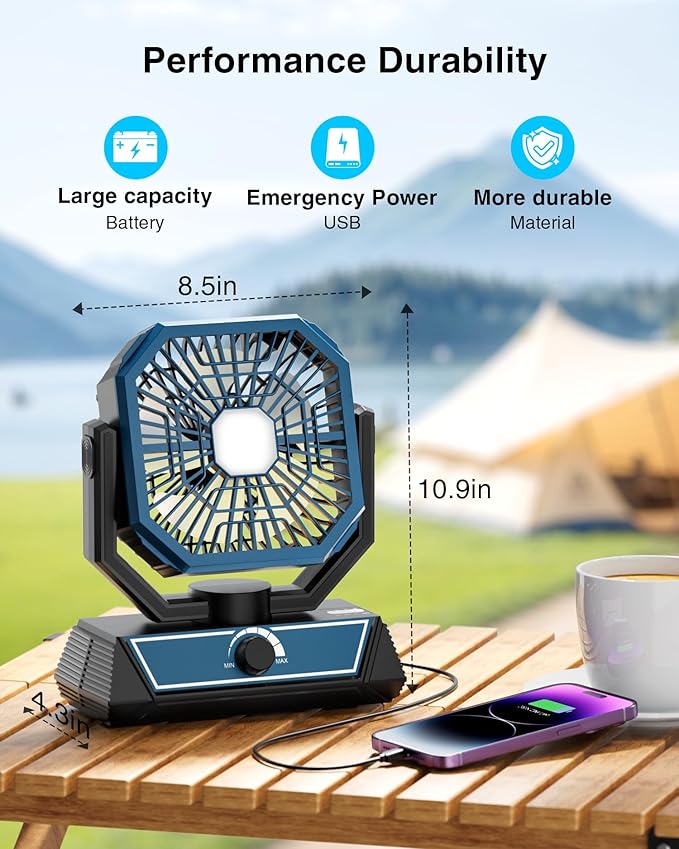Portable Camping Fan with 20000mAh Rechargeable Battery, USB-C Battery Powered Fan for Indoor Outdoor Use, Ultra Quiet Battery Operated fan for Travel, Tent, Beach, Picnic, BBQ, Desk, Home