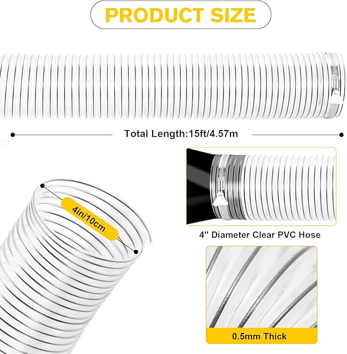 4"x15'Dust Collection Hose(Black Wire),4 Inch Dust Collection Tube with 304 Stainless Steel Hose Clamps,PVC 4 Collector Flexible Tube- Puncture Resistant