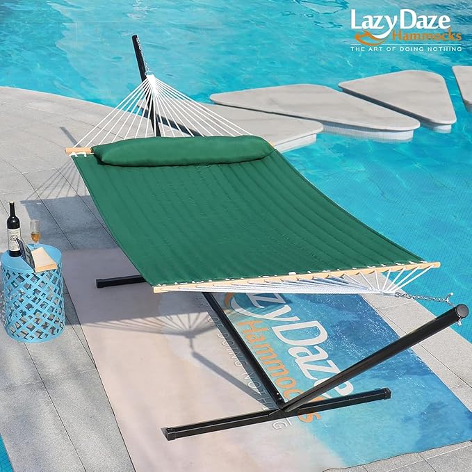 Lazy Daze Hammocks 12 FT Double Quilted Hammock with Spreader Bars and Pillow, 2 Person Hammock for Outdoor Patio Backyard Poolside, 450 LBS Weight Capacity, Dark Green/Natural