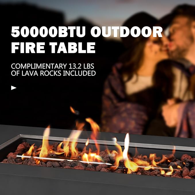42" Rectangular Propane Fire Pit – 50,000 BTU Concrete Fire Pit with Glass Wind Guard – Outdoor Firepits – Gas Fireplace for Deck or Patio
