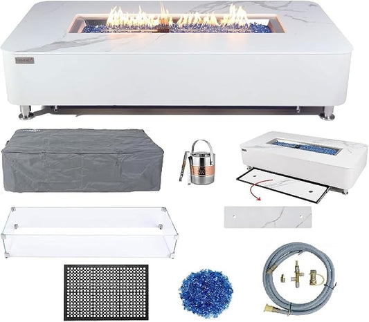 Elementi+ | Bundle Athens Gas Fire Pit | Concrete Body & Marble Porcelain Top | 62" Rectangular Fire Table | Electronic Ignition | Canvas Cover, Fire Glass, Burner Lid & More | White | Natural Gas