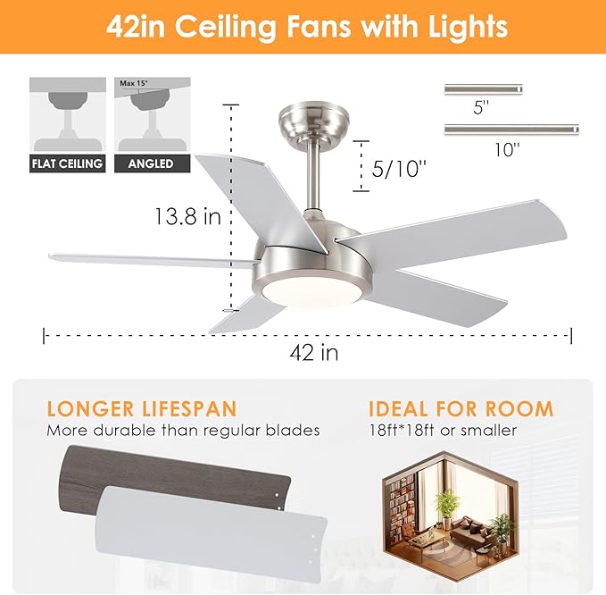 Ceiling Fan with Lights and Remote/APP - 42" Modern Low Profile Ceiling Fan with 5 Reversible Blades, 3CCT Dimmable, Ceiling Fans for Indoor/Covered Outdoor, Brushed Nickel